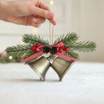 Decoratiune de Craciun pentru Brad, Embo, Model 2 Clopotei de Craciun cu Crenguta de Brad, Decoratiune pentru Interior de Craciun, Albastru fier - imagine 3