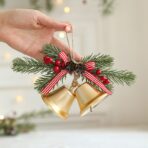 Decoratiune de Craciun pentru Brad, Embo, Model 2 Clopotei de Craciun cu Crenguta de Brad, Decoratiune pentru Interior de Craciun, Auriu - imagine 5