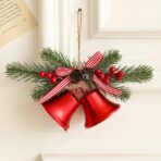 Decoratiune de Craciun pentru Brad, Embo, Model 2 Clopotei de Craciun cu Crenguta de Brad, Decoratiune pentru Interior de Craciun, Rosu lucios