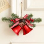 Decoratiune de Craciun pentru Brad, Embo, Model 2 Clopotei de Craciun cu Crenguta de Brad, Decoratiune pentru Interior de Craciun, Rosu lucios