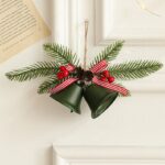 Decoratiune de Craciun pentru Brad, Embo, Model 2 Clopotei de Craciun cu Crenguta de Brad, Decoratiune pentru Interior de Craciun, Verde mat