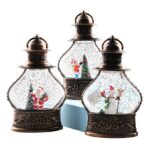 Decoratiune de Craciun tip Felinar, Embo, Glob de Cristal cu Fulgi de Zapada, Model Mos Craciun, Ornamentat cu Luminite Interioare, 14.5 x 9 x 3 cm, Rama Neagra, Transparent - imagine 3