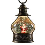 Decoratiune de Craciun tip Felinar, Embo, Glob de Cristal cu Fulgi de Zapada, Model Mos Craciun, Ornamentat cu Luminite Interioare, 14.5 x 9 x 3 cm, Rama Neagra, Transparent