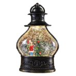 Decoratiune de Craciun tip Felinar, Embo, Glob de Cristal cu Fulgi de Zapada, Model Elf, Ornamentat cu Luminite Interioare, 14.5 x 9 x 3 cm, Rama Neagra, Transparent