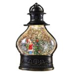 Decoratiune de Craciun tip Felinar, Embo, Glob de Cristal cu Fulgi de Zapada, Model Elf, Ornamentat cu Luminite Interioare, 14.5 x 9 x 3 cm, Rama Neagra, Transparent