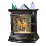 Decoratiune de Craciun tip Semineu / Ceas, Embo, Glob de Cristal cu Fulgi de Zapada, Model Ren, Iluminare LED, 11.5 x 8.5 x 6.5 cm, Carcasa Vintage Bronze, Transparent