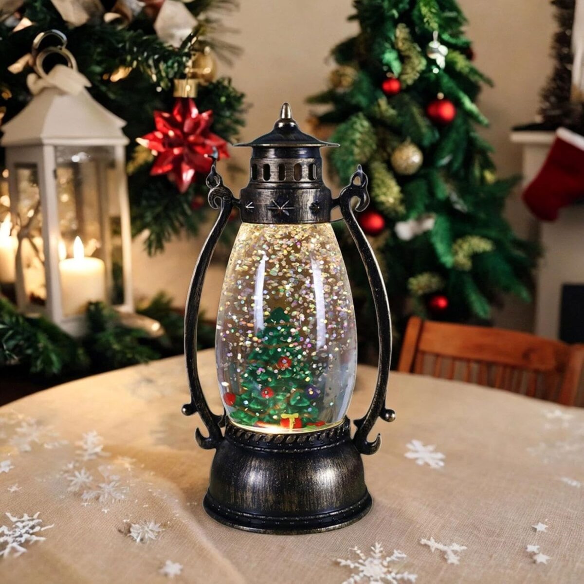 Decoratiune Luminoasa, Embo, Felinar de Craciun, cu Lumina LED, Ornament Model Lampa cu Ulei Brad de Craciun, cu Maner, 14x7x6 cm, Negru - imagine 3