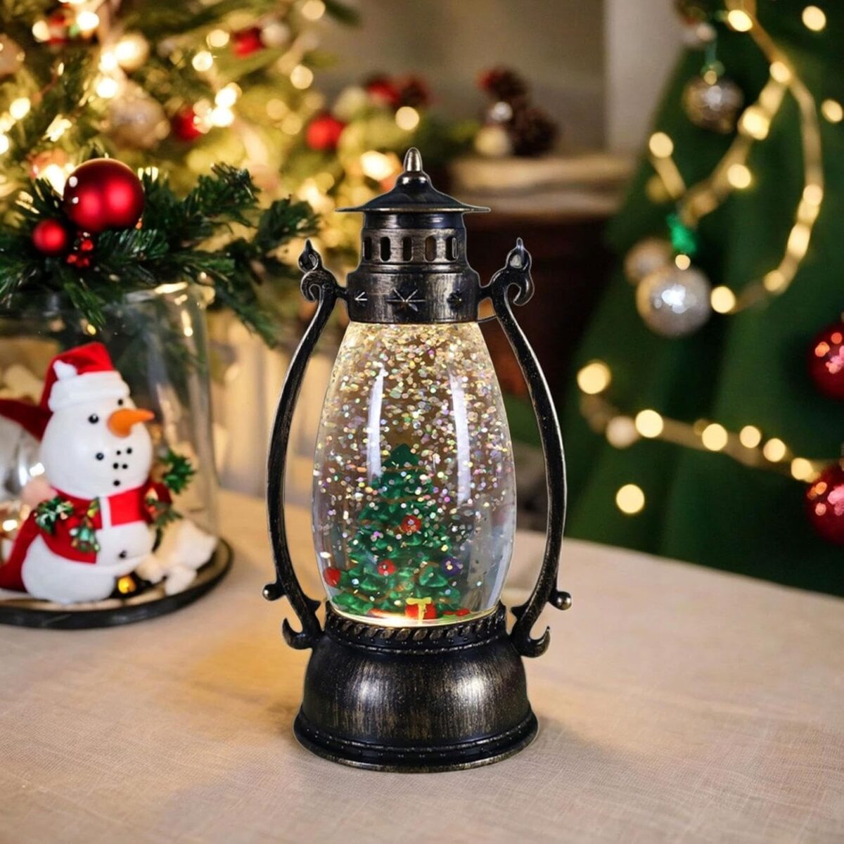 Decoratiune Luminoasa, Embo, Felinar de Craciun, cu Lumina LED, Ornament Model Lampa cu Ulei Brad de Craciun, cu Maner, 14x7x6 cm, Negru - imagine 4