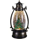 Decoratiune Luminoasa, Embo, Felinar de Craciun, cu Lumina LED, Ornament Model Lampa cu Ulei Brad de Craciun, cu Maner, 14x7x6 cm, Negru