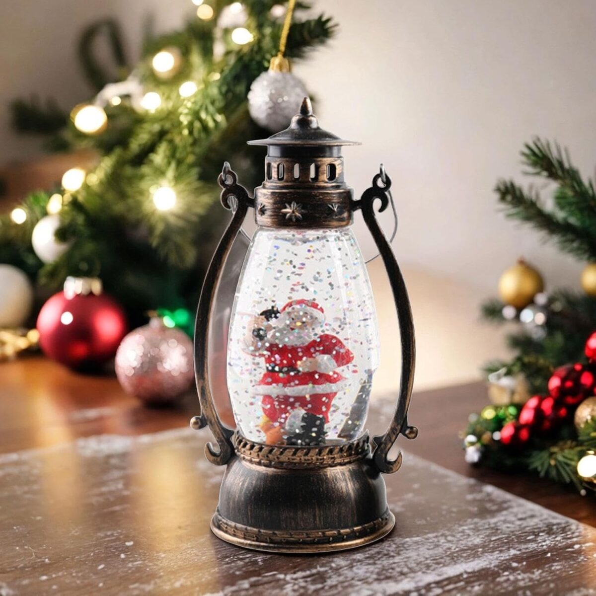 Decoratiune Luminoasa, Embo, Felinar de Craciun, cu Lumina LED, Ornament Model Lampa cu Ulei Mos Craciun, cu Maner, 14x7x6 cm, Negru - imagine 2