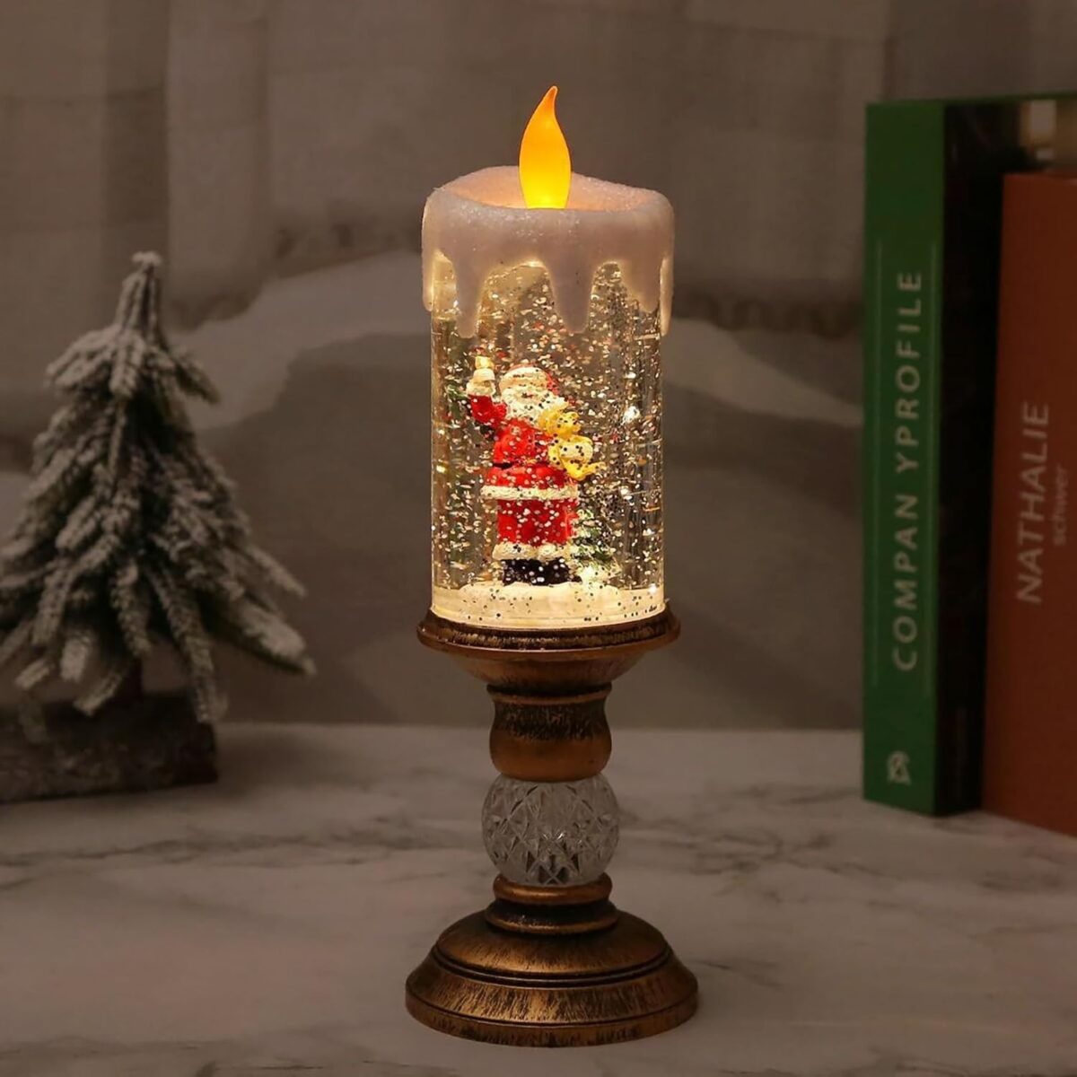 Decoratiune Luminoasa, Embo, Lampa de Craciun, cu Lumina LED, Ornament Model Sfesnic cu Lumanare, Mos Craciun, 26x8.5x8.5 cm, Auriu - imagine 4