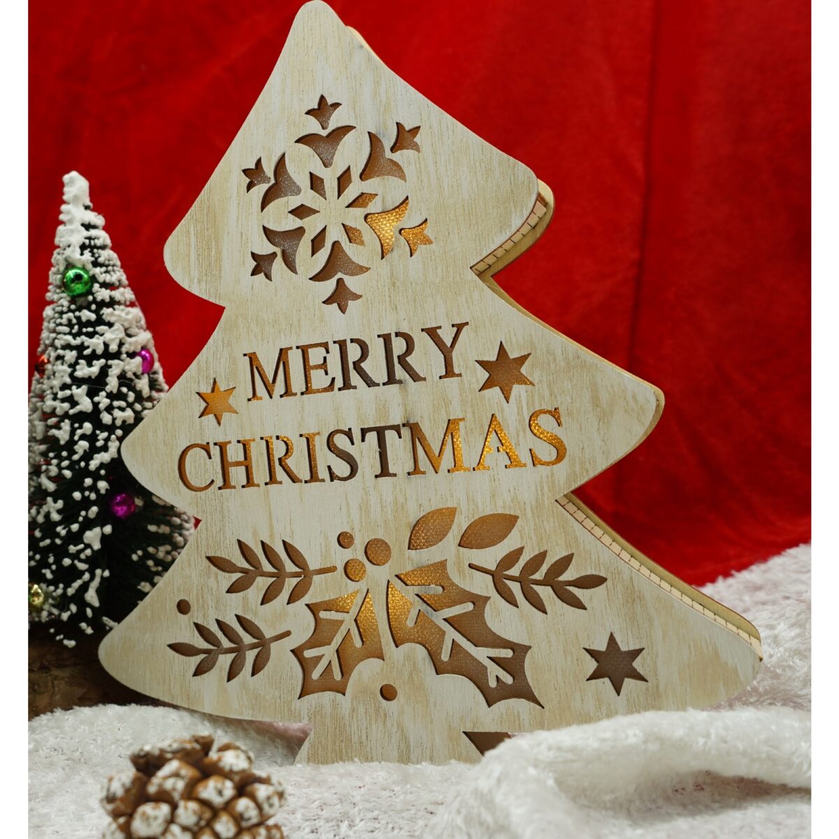Decoratiune luminoasa, model de  Brad cu inscriptie Marry Christmas, alb, lungime: 19 cm, latime: 3 cm, inaltime: 22 cm, lemn, interior/exterior - imagine 2