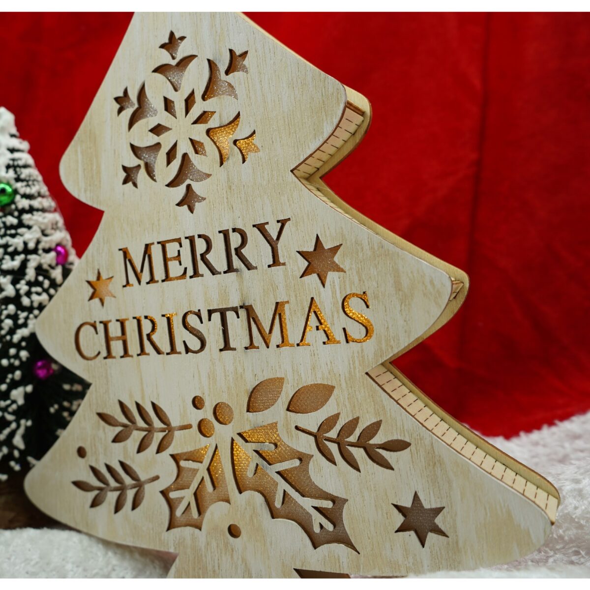 Decoratiune luminoasa, model de  Brad cu inscriptie Marry Christmas, alb, lungime: 19 cm, latime: 3 cm, inaltime: 22 cm, lemn, interior/exterior - imagine 4