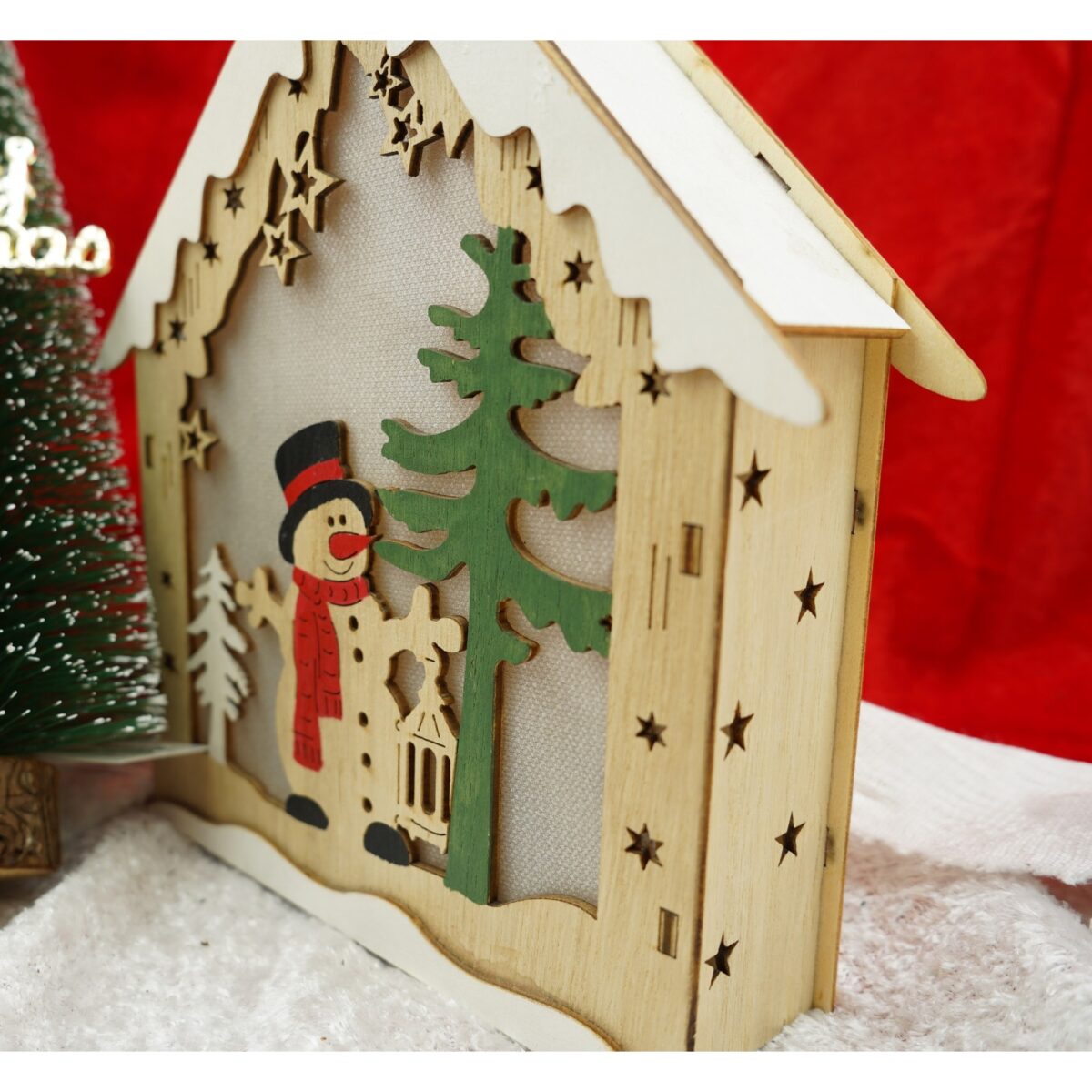 Decoratiune luminoasa, model de  Casa cu Om de zapada, maro, lungime: 18 cm, latime: 5 cm, inaltime: 21 cm, lemn, interior/exterior - imagine 3