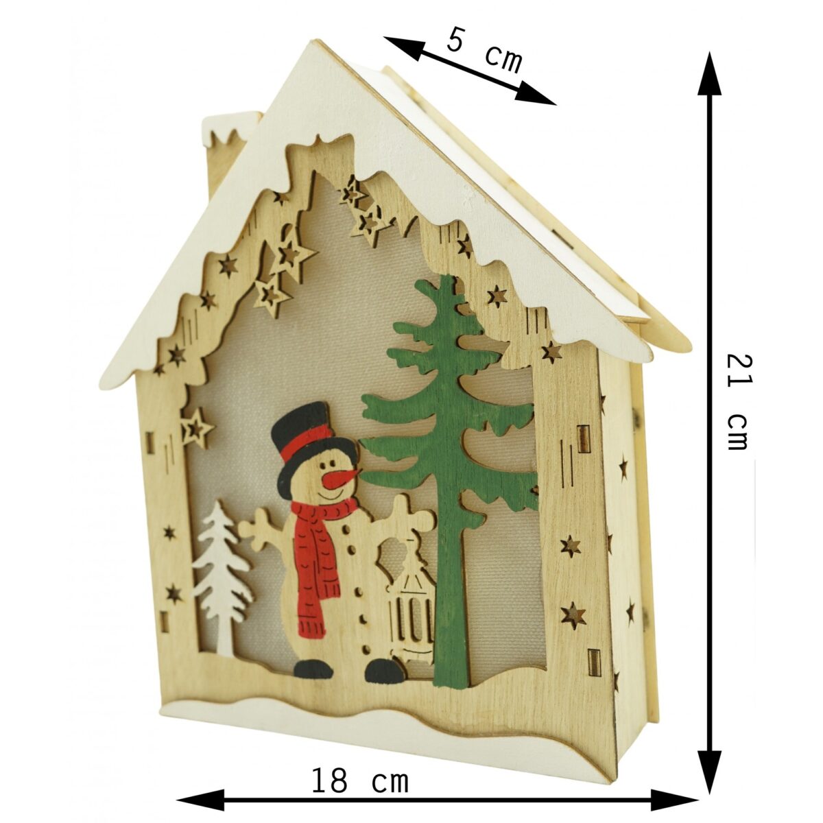 Decoratiune luminoasa, model de  Casa cu Om de zapada, maro, lungime: 18 cm, latime: 5 cm, inaltime: 21 cm, lemn, interior/exterior - imagine 6