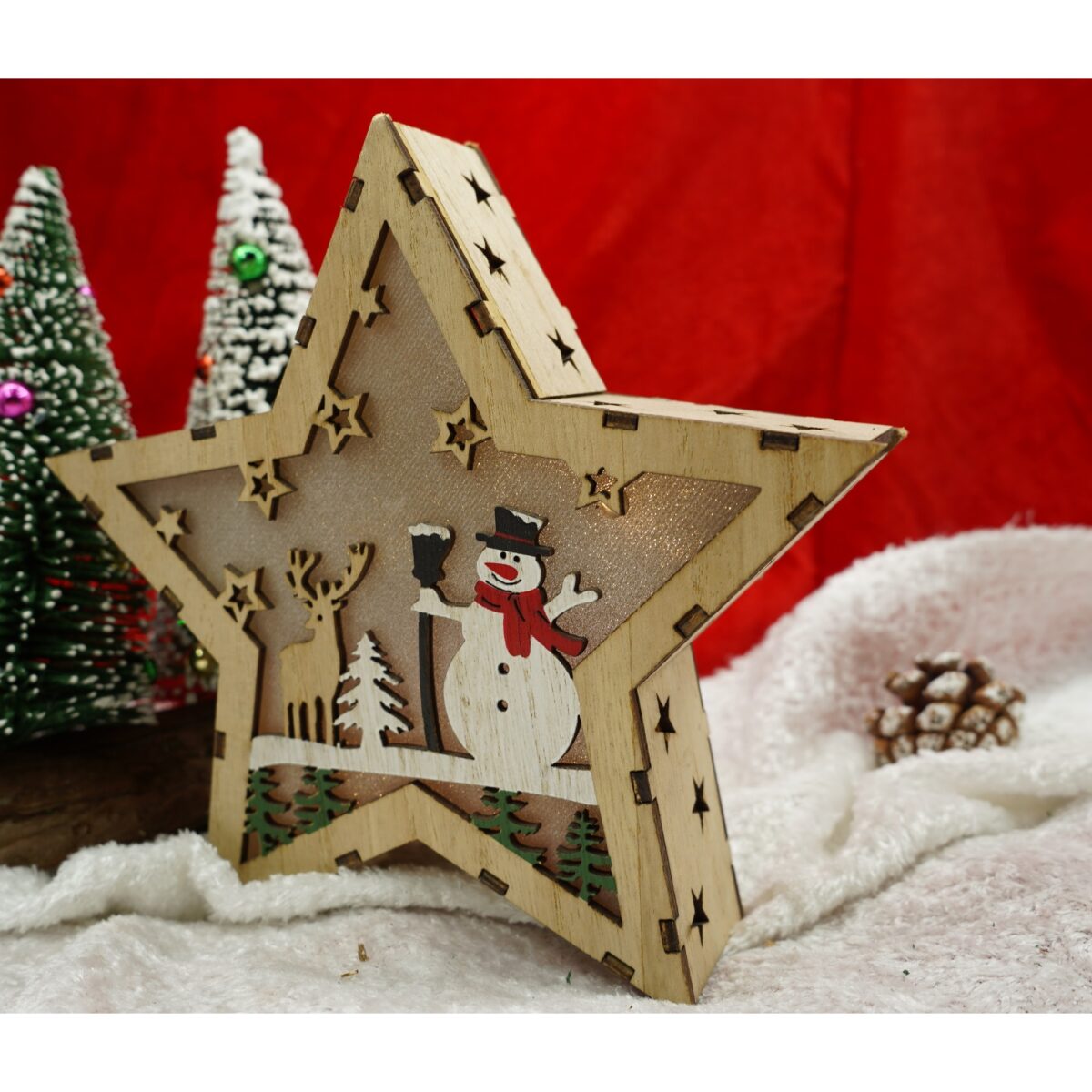Decoratiune luminoasa, model de Stea cu Om de zapada, maro, lungime: 18 cm, latime: 18 cm, inaltime: 4 cm, lemn, interior/exterior - imagine 3