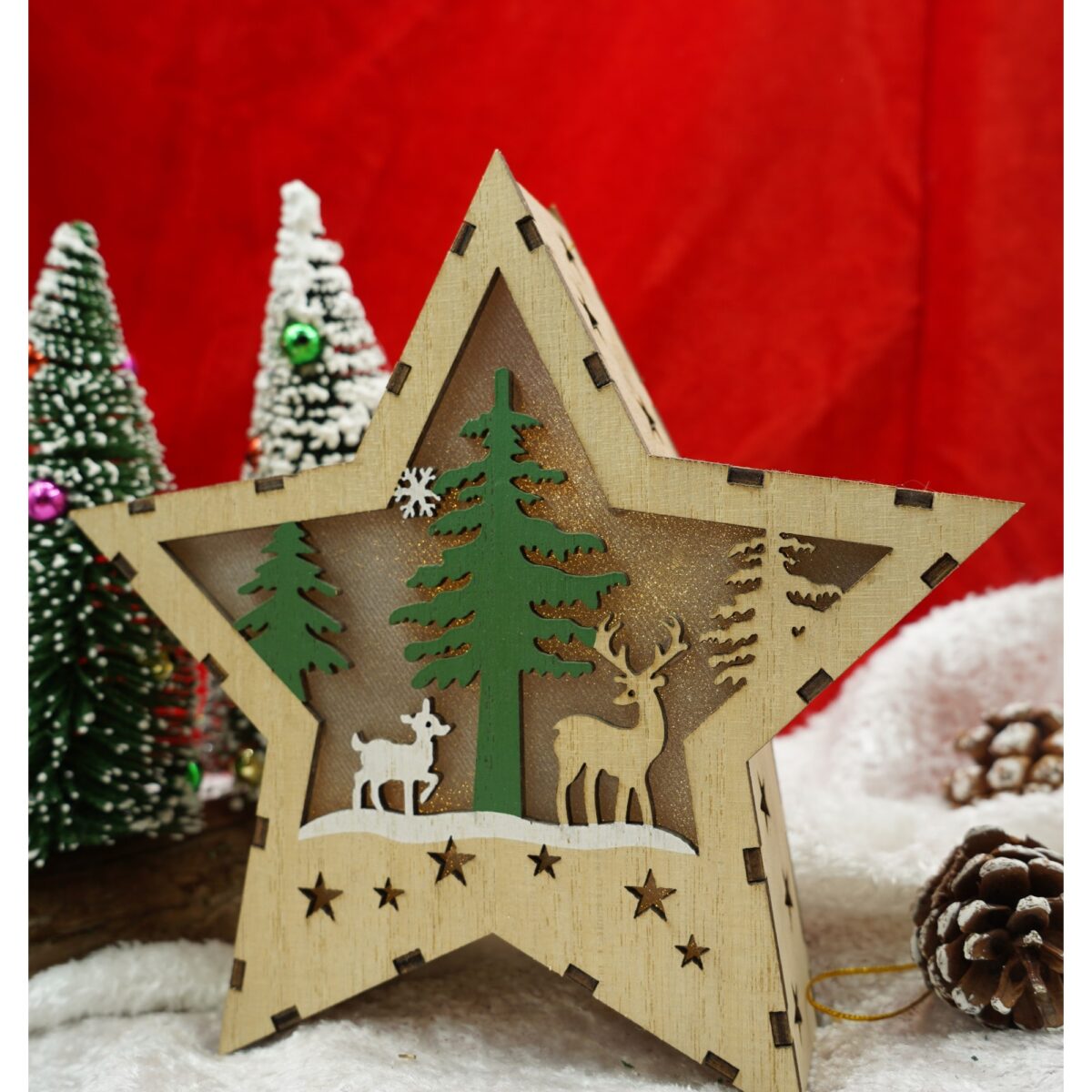 Decoratiune luminoasa, model de Stea cu Reni, maro, lungime: 18 cm, latime: 18 cm, inaltime: 4 cm, lemn, interior/exterior - imagine 2