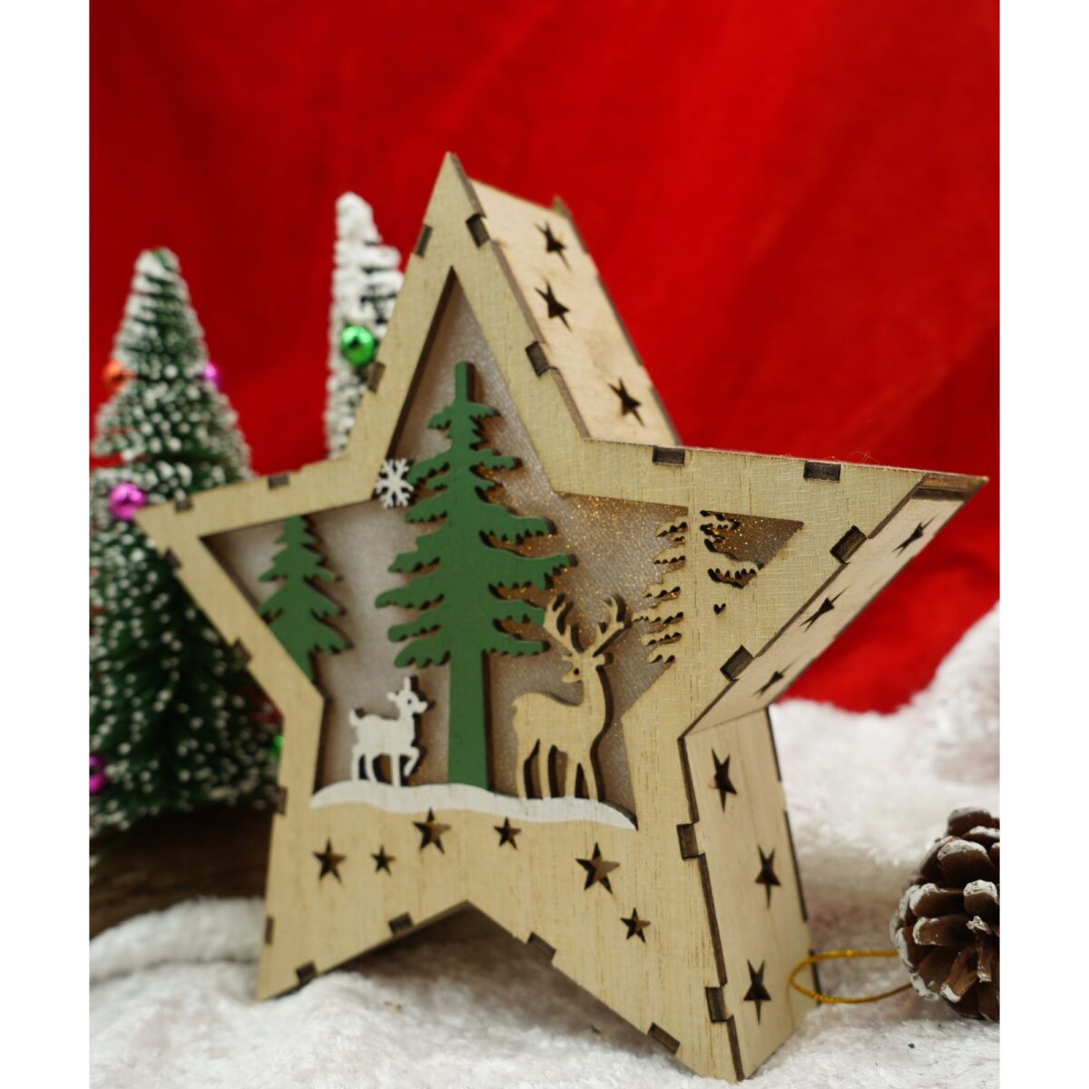 Decoratiune luminoasa, model de Stea cu Reni, maro, lungime: 18 cm, latime: 18 cm, inaltime: 4 cm, lemn, interior/exterior - imagine 3