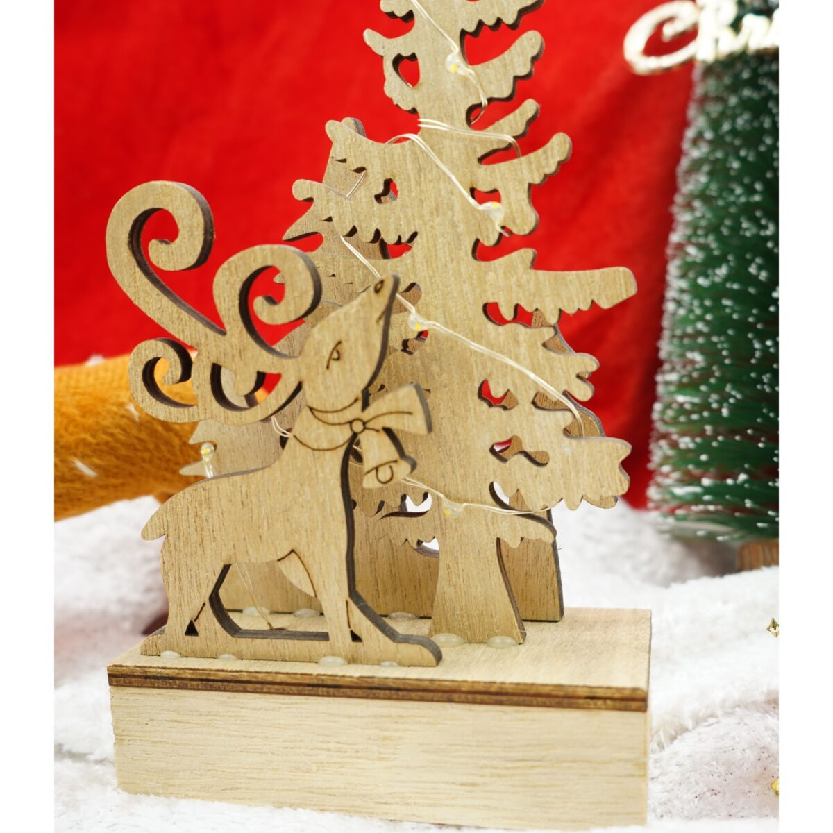 Decoratiune luminoasa, peisaj cu Cerb si Brad, maro, lungime: 11 cm, latime: 5 cm, inaltime: 19 cm, lemn, interior/exterior - imagine 3
