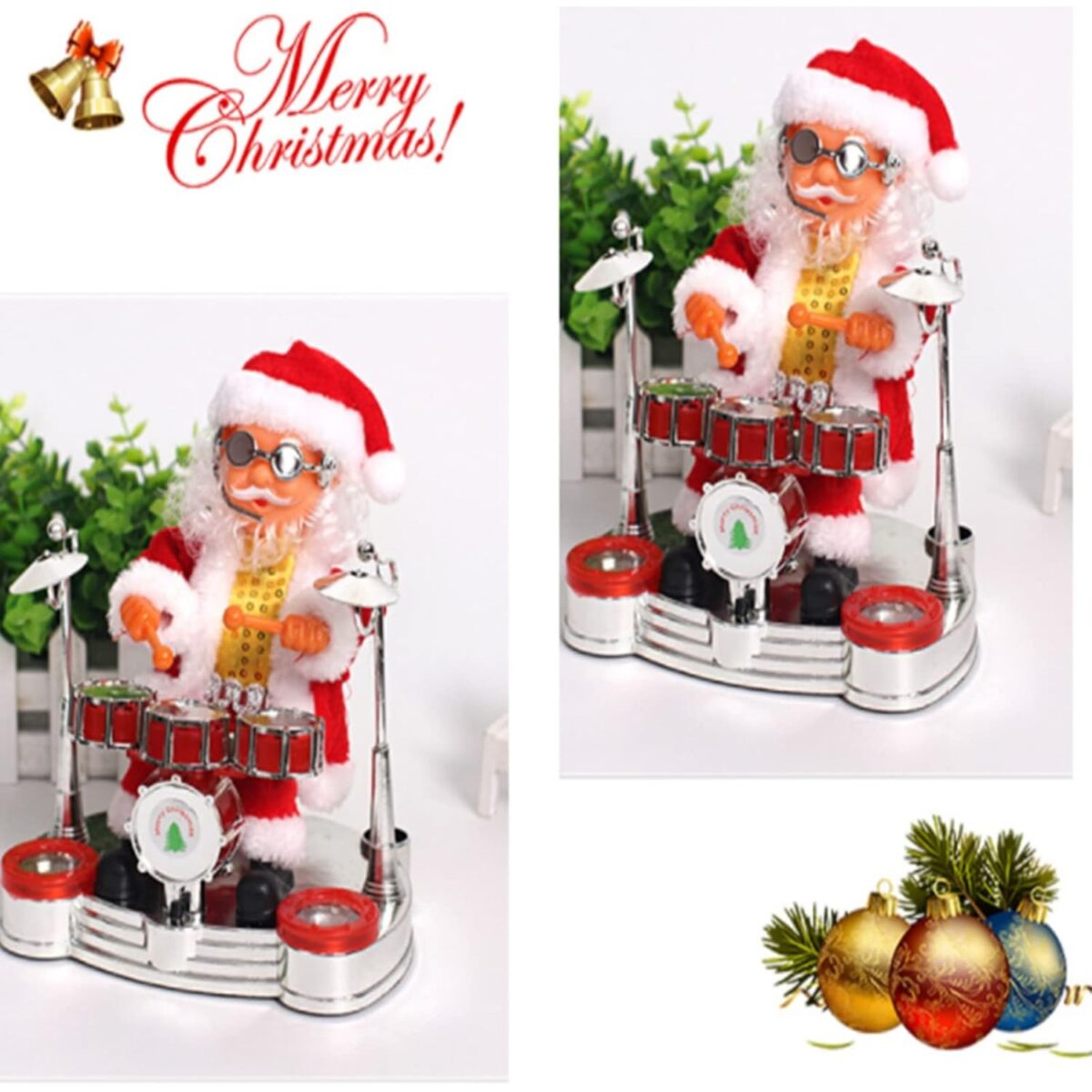 Decoratiune Mos Craciun, Embo, Animat, care Canta si Danseaza, cu Tobe, Imbracat Festiv, 20x17 cm Inaltime, Rosu - imagine 3