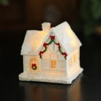 Decoratiune Ornament de Craciun, Embo, Casuta de Craciun din Rasina, Model Casa Mica Iluminata din Interior, 5.8 x 5.5 x 4.5 cm, Alb