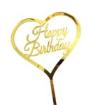 Decoratiune Topper pentru Tort, Embo, Model Inimioara Scris Happy Birthday, Tematica Aniversare, Auriu
