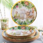 Farfurii Cartonate pentru Petreceri, Embo, Farfurii cartonate de unica Folosinta pentru Zile de Nastere, Model Safari cu animale, set 10 buc, Diametru 23 cm, Multicolor - imagine 5