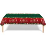 Fata de Masa Festiva, Embo, Dreptunghiulara, Imprimeu Merry Christmas, Tema Craciun, Rezistenta la Apa, din PVC, 137 x 274 cm, Rosu/Verde - imagine 2