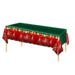Fata de Masa Festiva, Embo, Dreptunghiulara, Imprimeu Merry Christmas, Tema Craciun, Rezistenta la Apa, din PVC, 137 x 274 cm, Rosu/Verde