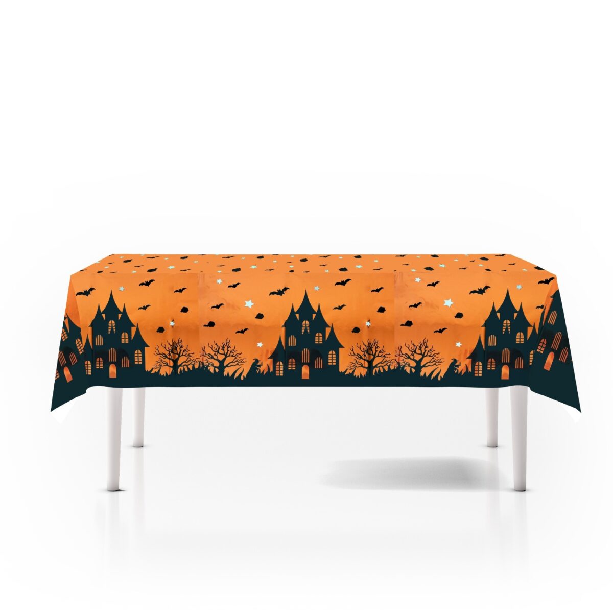 Fata de Masa, Embo, din Folie, Imprimeu Halloween - Casa Bantuita, 137 x 274 cm, Portocaliu - imagine 3