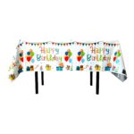 Fata de Masa, Embo, din Folie, Imprimeu Happy Birthday cu Baloane, 137 x 183 cm, Alb