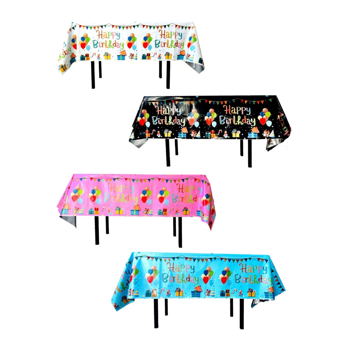 Fata de Masa, Embo, din Folie, Imprimeu Happy Birthday cu Baloane, 137 x 274 cm, Alb - imagine 3