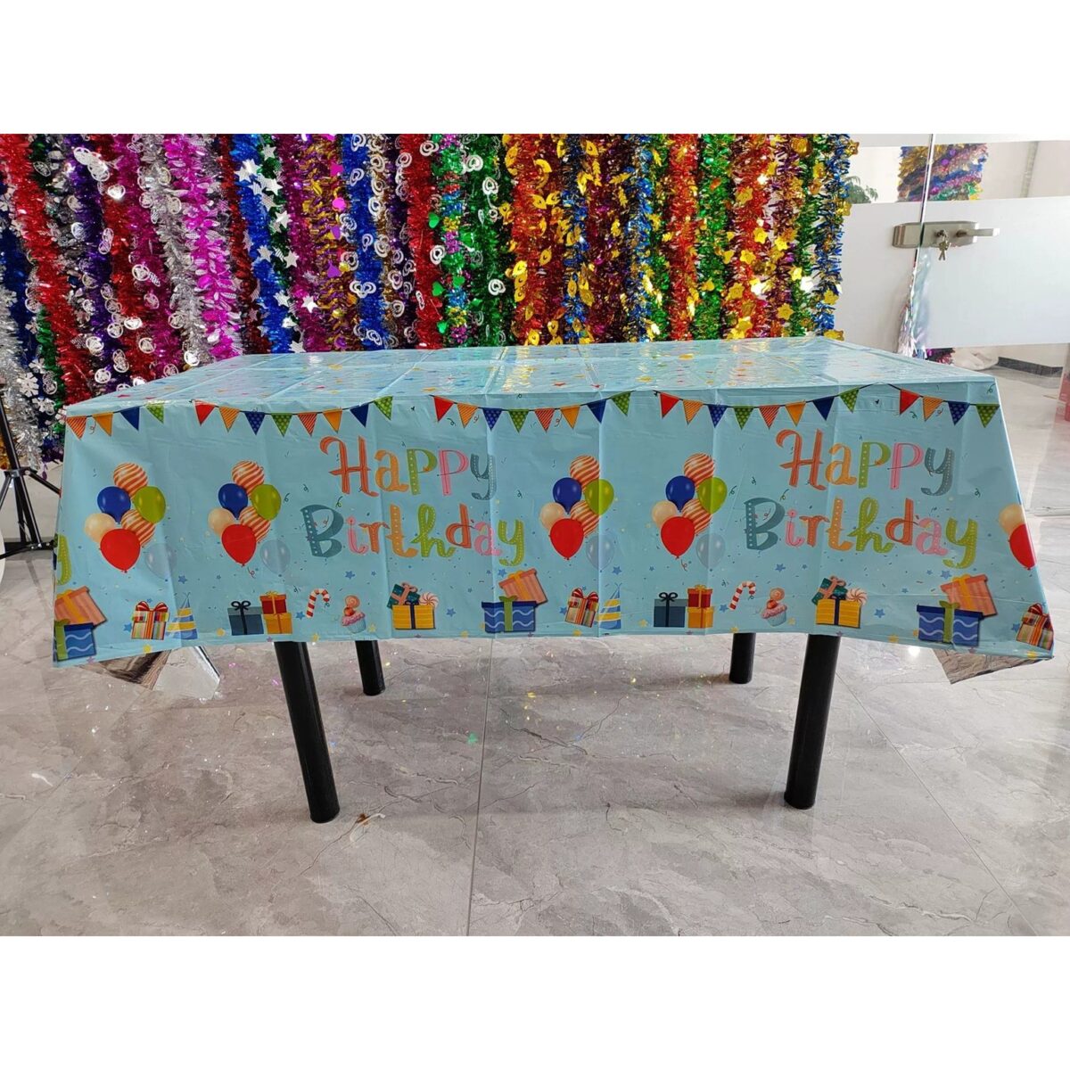 Fata de Masa, Embo, din Folie, Imprimeu Happy Birthday cu Baloane, 137 x 274 cm, Albastru - imagine 3