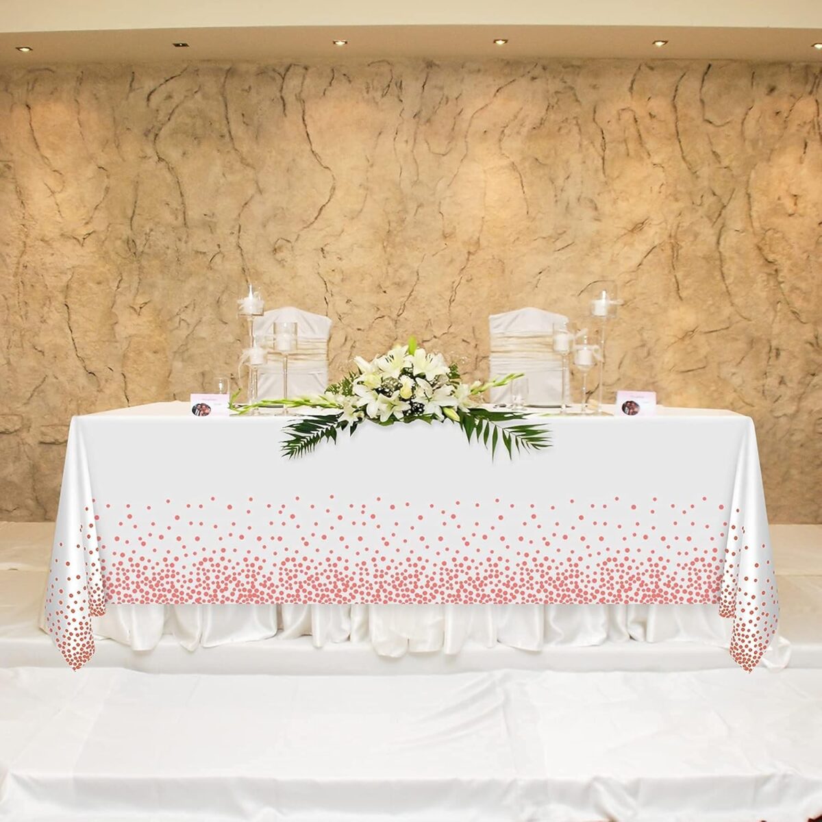 Fata de Masa, Embo, din PEVA, Imprimeu Buline, 137 x 274 cm, Impermeabila, Fara Pete, Curatare Rapida, Roz Gold - imagine 3