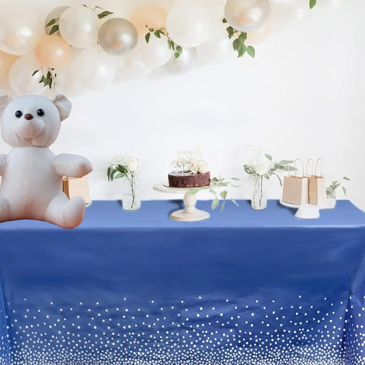 Fata de Masa, Embo, din PEVA, Imprimeu Buline Argintii, 137 x 274 cm, Impermeabila, Fara Pete, Curatare Rapida, Albastru Inchis - imagine 3