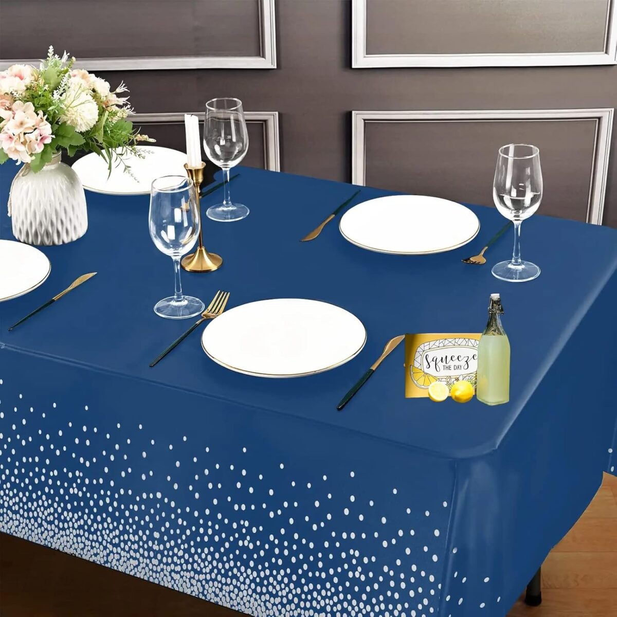 Fata de Masa, Embo, din PEVA, Imprimeu Buline Argintii, 137 x 274 cm, Impermeabila, Fara Pete, Curatare Rapida, Albastru Inchis - imagine 5