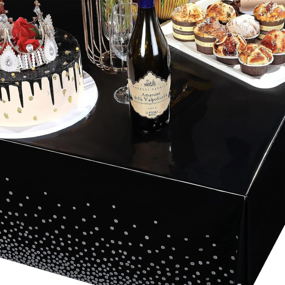 Fata de Masa, Embo, din PEVA, Imprimeu Buline Argintii, 137 x 274 cm, Impermeabila, Fara Pete, Curatare Rapida, Negru - imagine 5