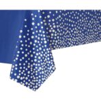 Fata de Masa, Embo, din PEVA, Imprimeu Buline Argintii, 137 x 274 cm, Impermeabila, Fara Pete, Curatare Rapida, Albastru Inchis