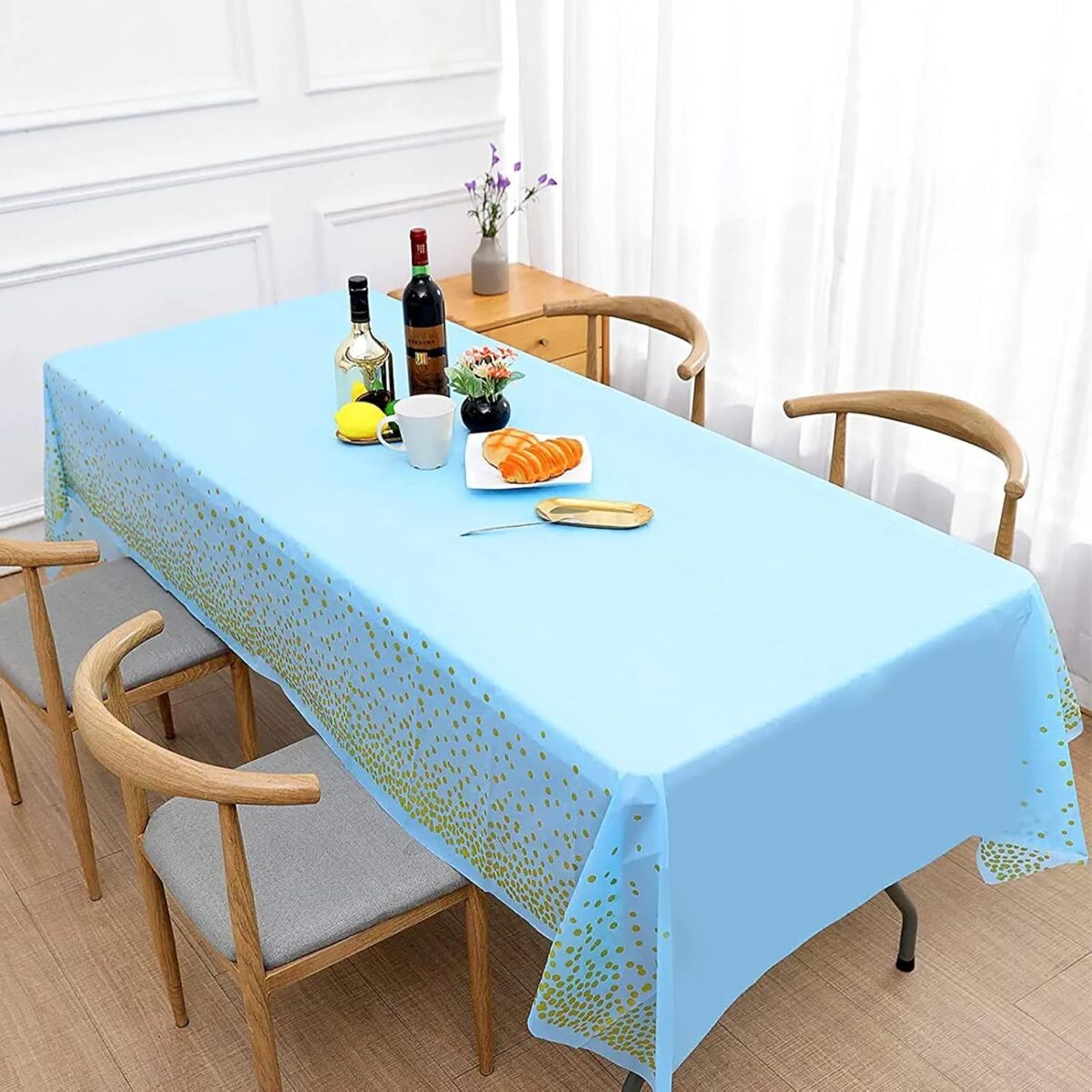 Fata de Masa, Embo, din PEVA, Imprimeu Buline Aurii, 137 x 274 cm, Impermeabila, Fara Pete, Curatare Rapida, Albastru - imagine 2