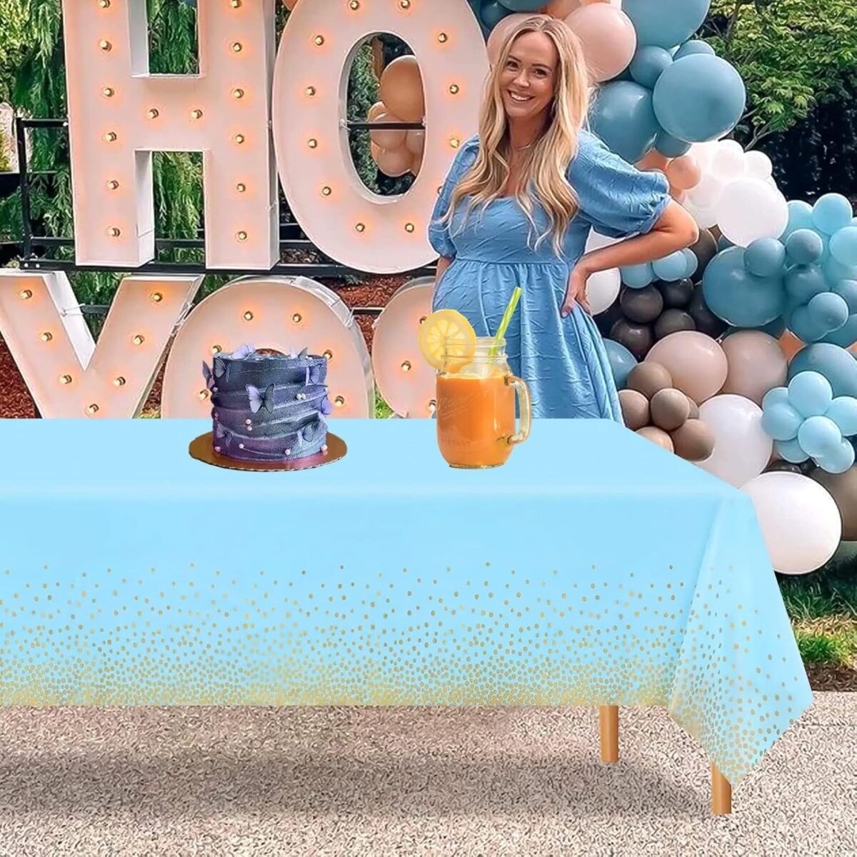 Fata de Masa, Embo, din PEVA, Imprimeu Buline Aurii, 137 x 274 cm, Impermeabila, Fara Pete, Curatare Rapida, Albastru - imagine 3