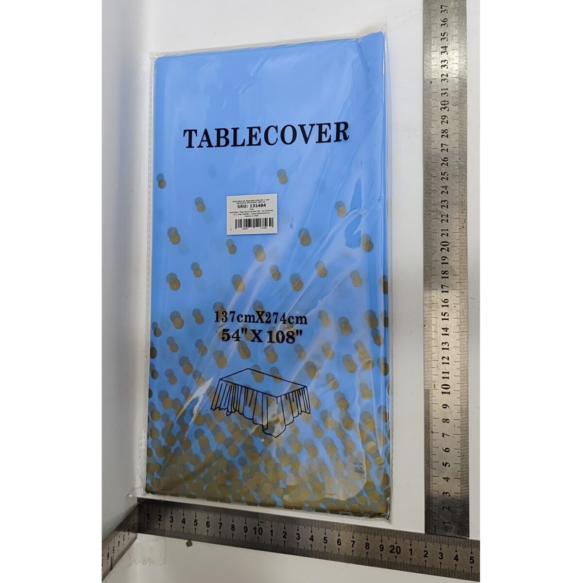 Fata de Masa, Embo, din PEVA, Imprimeu Buline Aurii, 137 x 274 cm, Impermeabila, Fara Pete, Curatare Rapida, Albastru - imagine 5