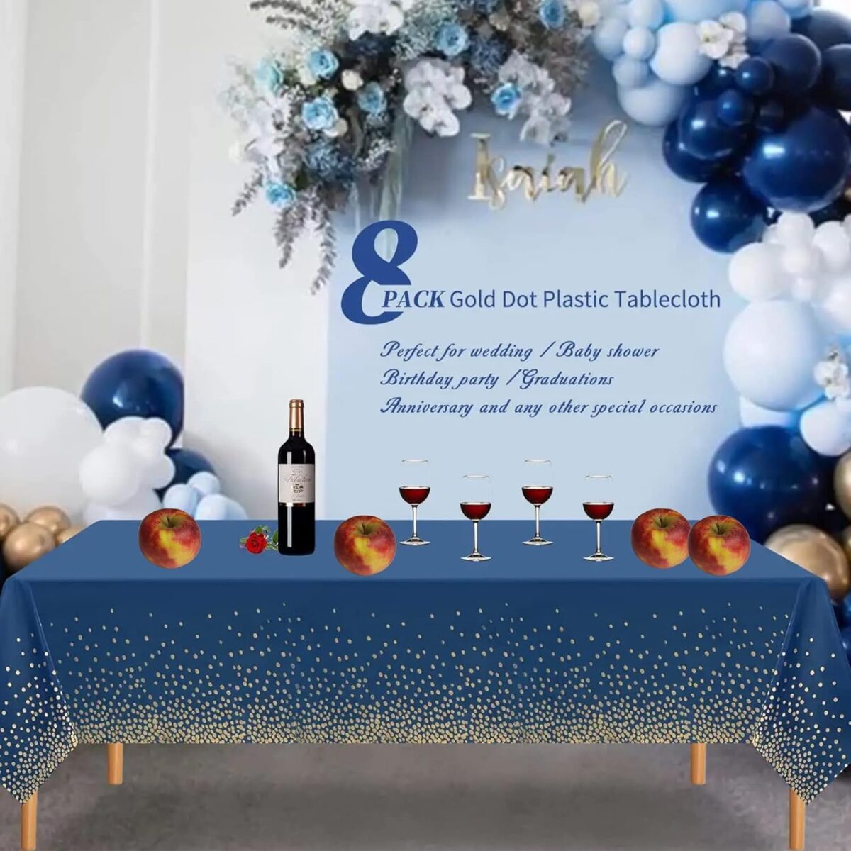 Fata de Masa, Embo, din PEVA, Imprimeu Buline Aurii, 137 x 274 cm, Impermeabila, Fara Pete, Curatare Rapida, Albastru Inchis - imagine 5