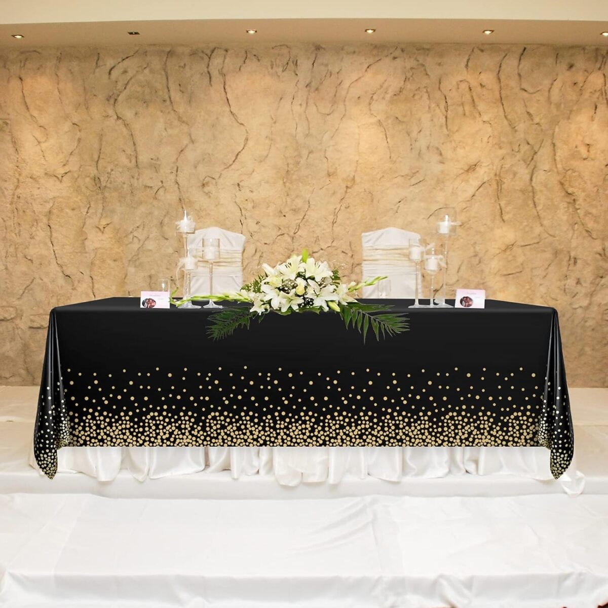 Fata de Masa, Embo, din PEVA, Imprimeu Buline Aurii, 137 x 274 cm, Impermeabila, Fara Pete, Curatare Rapida, Negru - imagine 5