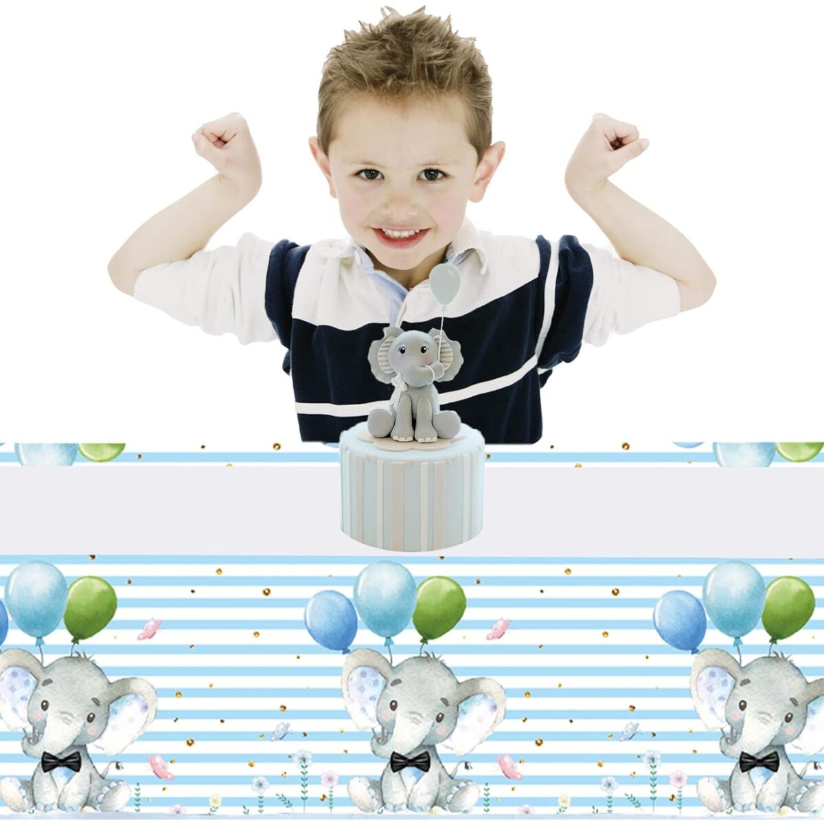 Fata de Masa, Embo, din Plastic, Imprimeu Elefanti, 180 x 108 cm, Albastru - imagine 2