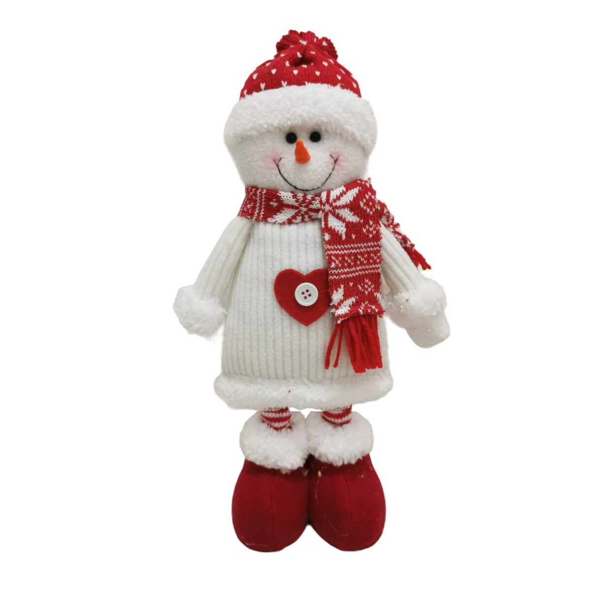 Figurina Decorativa, Pentru Craciun, Embo, Om de Zapada, Picioare Telescopice, Inaltime Reglabila 44-54cm, Caciula cu Inimioare, Alb/Rosu - imagine 3