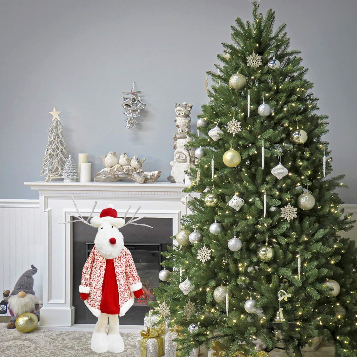 Figurina Decorativa, Pentru Craciun, Embo, Ren, Picioare Telescopice, Inaltime Reglabila 42 - 80 cm, cu Haina, Alb/Rosu - imagine 9