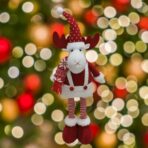 Figurina Decorativa, Pentru Craciun, Embo, Ren, Picioare Telescopice, Inaltime Reglabila 44-54cm, Caciula cu Inimioare, Alb/Rosu - imagine 4