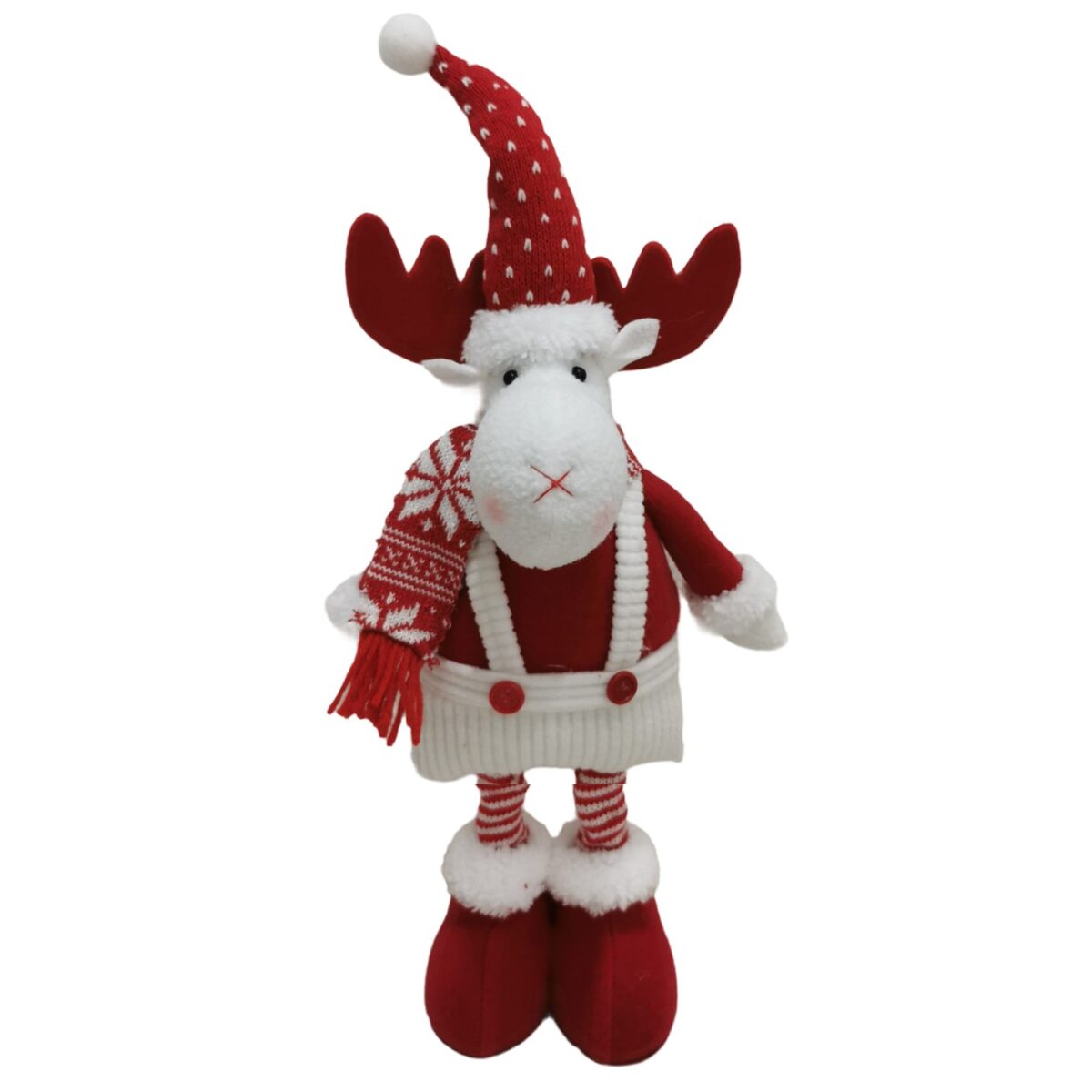 Figurina Decorativa, Pentru Craciun, Embo, Ren, Picioare Telescopice, Inaltime Reglabila 44-54cm, Caciula cu Inimioare, Alb/Rosu - imagine 3