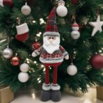 Figurina Decorativa, Pentru Craciun, Embo, Mos Craciun, Picioare Telescopice, Inaltime Reglabila 44-54cm, Bluza cu Fulgi, Rosu/Gri