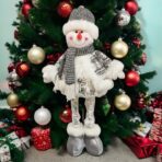 Figurina Decorativa, Pentru Craciun, Embo, Om de Zapada, Picioare Telescopice, Inaltime Reglabila 33- 70 cm, Pantaloni Luciosi, Alb/Argintiu